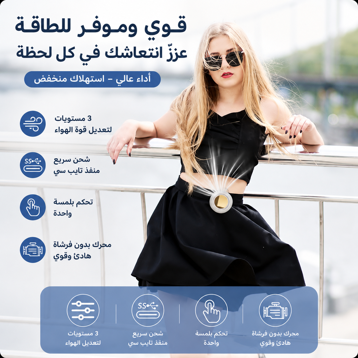 مروحة صغيرة محمولة قابلة لإعادة الشحن، بثلاث سرعات، صامتة، بدون شفرات، تُلبس على الخصر أو الرقبة، تُتيح استخدام اليدين بحرية، مثالية للسفر والتخييم في الهواء الطلق، ومروحة تبريد شخصية للمكتب.